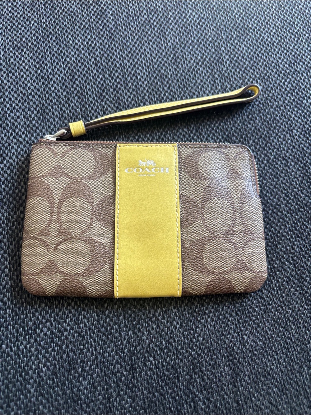 Coach Brown Signature Wristlet with Yellow Center Stripe